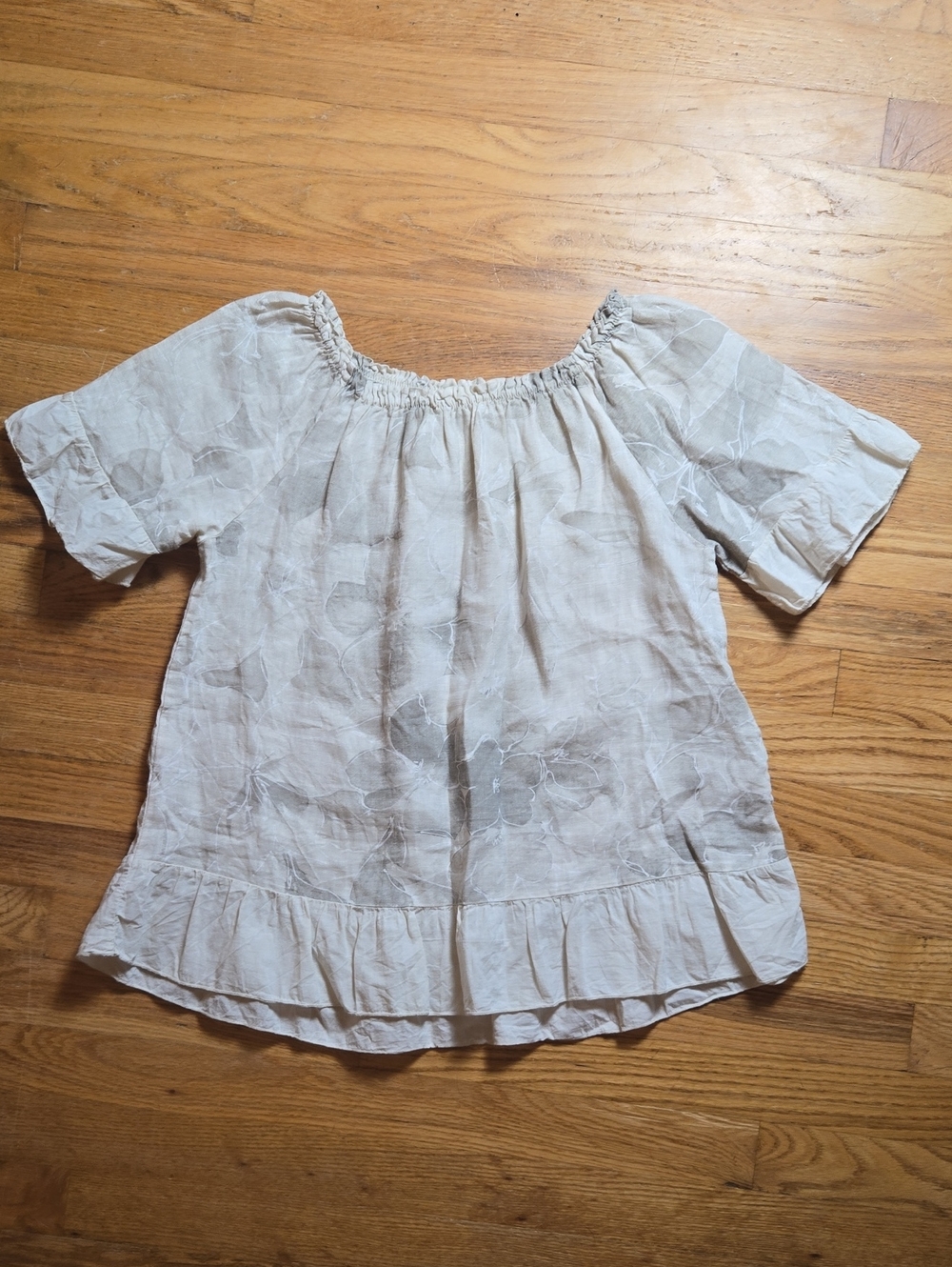 Terzo Millennio floral print 100% linen ruffle trim off-shoulder top